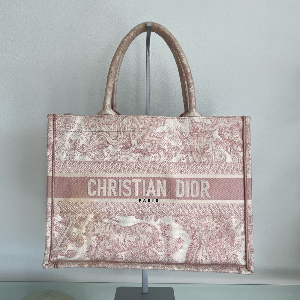 DIOR Ecru and Pink Toile de Jouy Medium Book Tote Bag / DIOR Book Tote Bag